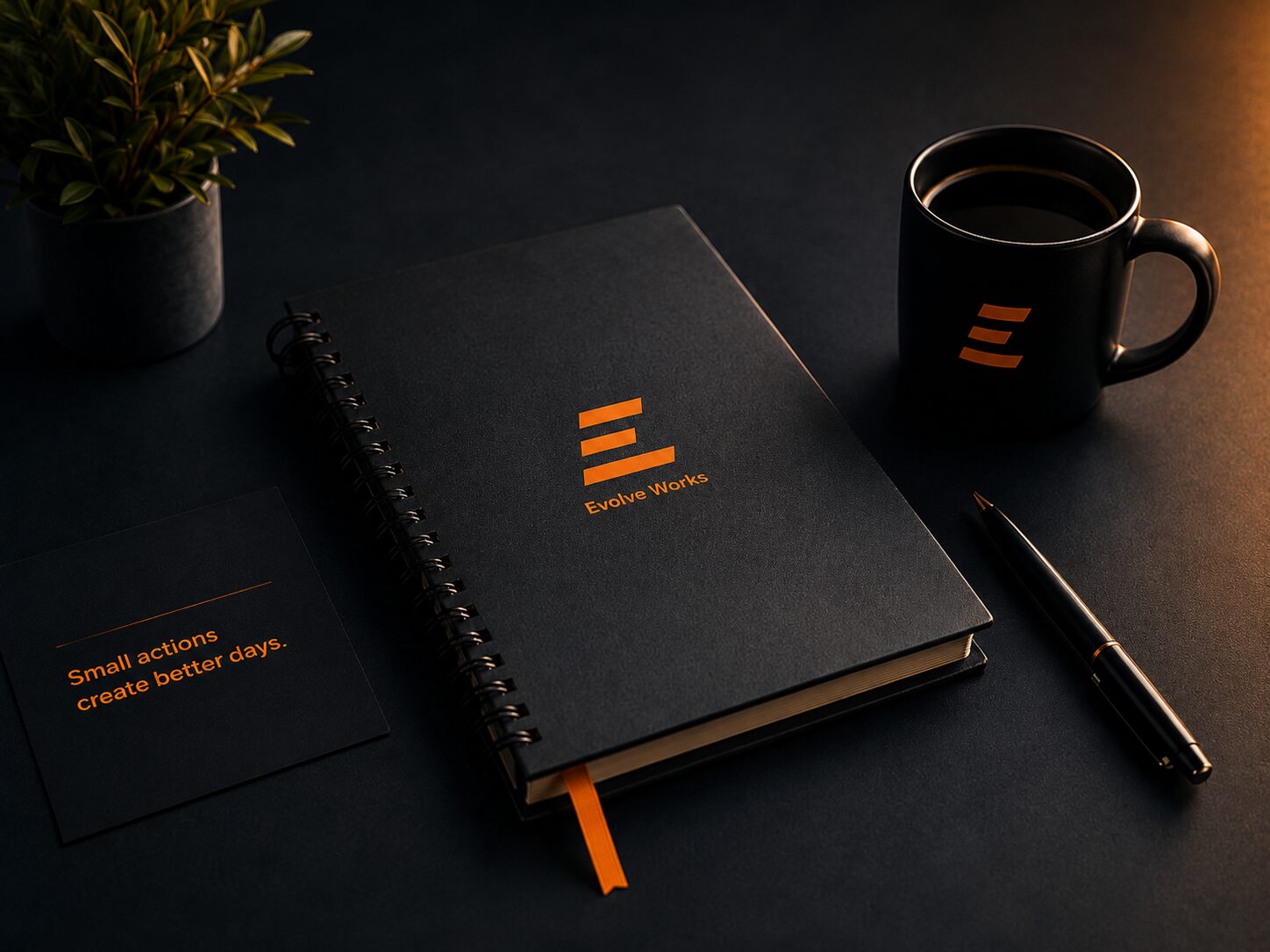 Evolve Worksのノート、マグカップ、ペンが並ぶデスク